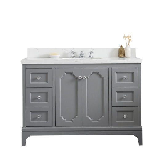 Water Creation QU48QZ01CG-000BX0901 QUEEN 48"W x 34"H Cashmere Gray Single-Sink Vanity with Carrara Quartz Countertop + Faucets (F2-0009-01-BX)