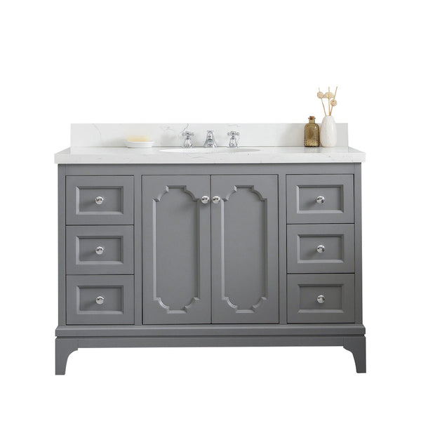 Water Creation QU48QZ01CG-000BX0901 QUEEN 48W x 34H Cashmere Gray Single-Sink Vanity with Carrara Quartz Countertop + Faucets (F2-0009-01-BX)