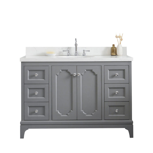 Water Creation QU48QZ01CG-000TL1201 QUEEN 48"W x 34"H Cashmere Gray Single-Sink Vanity with Carrara Quartz Countertop + Faucets (F2-0012-01-TL)