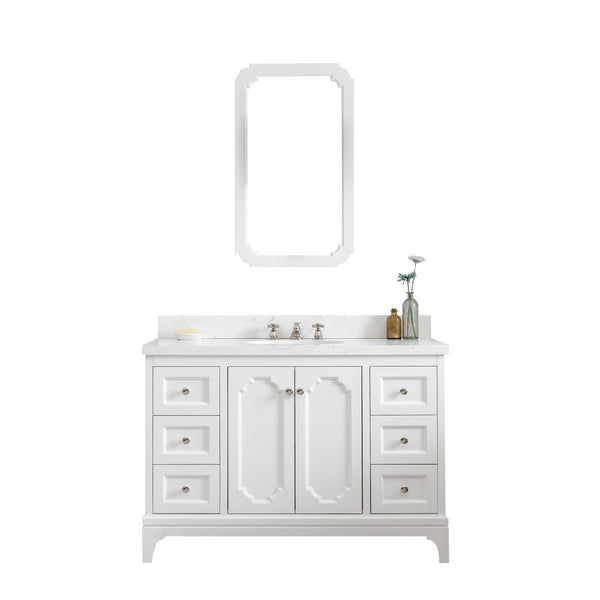 Water Creation QU48QZ05PW-Q21BX0905 QUEEN 48W x 34H Pure White Single-Sink Vanity with Carrara Quartz Countertop + Faucets & Mirror (F2-0009)