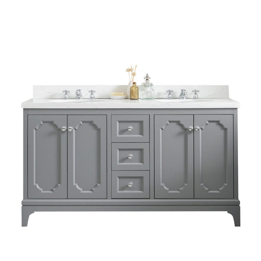 Water Creation QU60QZ01CG-000BX0901 QUEEN 60"W x 34"H Cashmere Gray Double-Sink Vanity with Carrara Quartz Countertop + Faucets (F2-0009-01-BX)