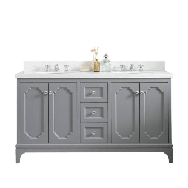 Water Creation QU60QZ01CG-000BX0901 QUEEN 60W x 34H Cashmere Gray Double-Sink Vanity with Carrara Quartz Countertop + Faucets (F2-0009-01-BX)