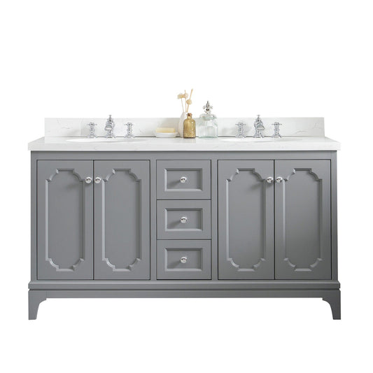 Water Creation QU60QZ01CG-000FX1301 QUEEN 60"W x 34"H Cashmere Gray Double-Sink Vanity with Carrara Quartz Countertop + Faucets (F2-0013)