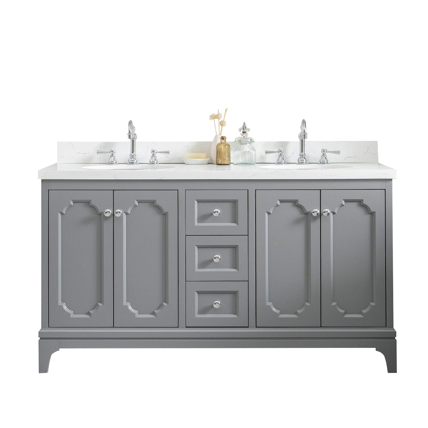 Water Creation QU60QZ01CG-000TL1201 QUEEN 60"W x 34"H Cashmere Gray Double-Sink Vanity with Carrara Quartz Countertop + Faucets (F2-0012-01-TL)