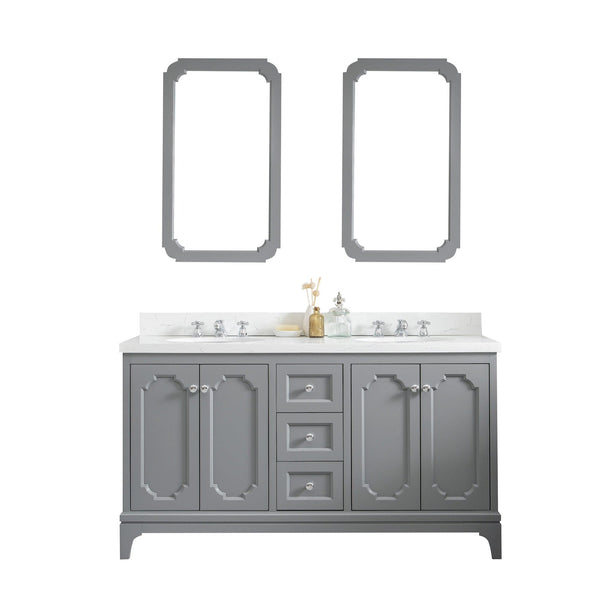 Water Creation QU60QZ01CG-Q21BX0901 QUEEN 60W x 34H Cashmere Gray Double-Sink Vanity with Carrara Quartz Countertop + Faucets & Mirror (F2-0009-01-BX)