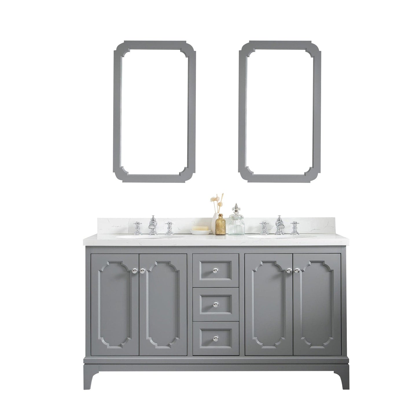 Water Creation QU60QZ01CG-Q21FX1301 QUEEN 60"W x 34"H Cashmere Gray Double-Sink Vanity with Carrara Quartz Countertop + Faucets & Mirror (F2-0013)