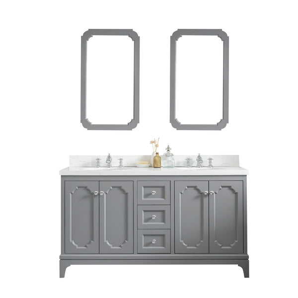 Water Creation QU60QZ01CG-Q21FX1301 QUEEN 60W x 34H Cashmere Gray Double-Sink Vanity with Carrara Quartz Countertop + Faucets & Mirror (F2-0013)