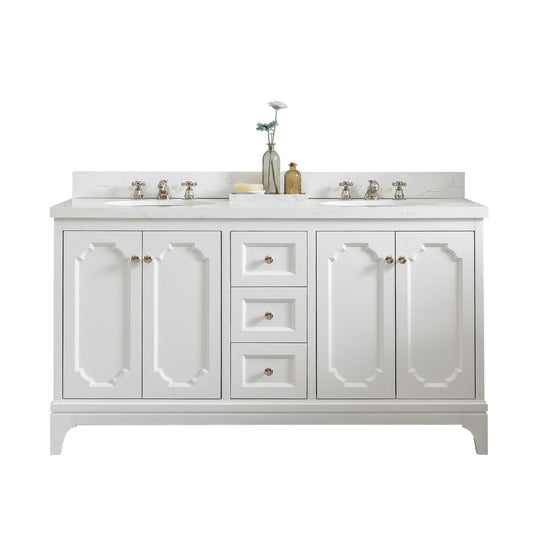 Water Creation QU60QZ05PW-000BX0905 QUEEN 60"W x 34"H Pure White Double-Sink Vanity with Carrara Quartz Countertop + Faucets (F2-0009)