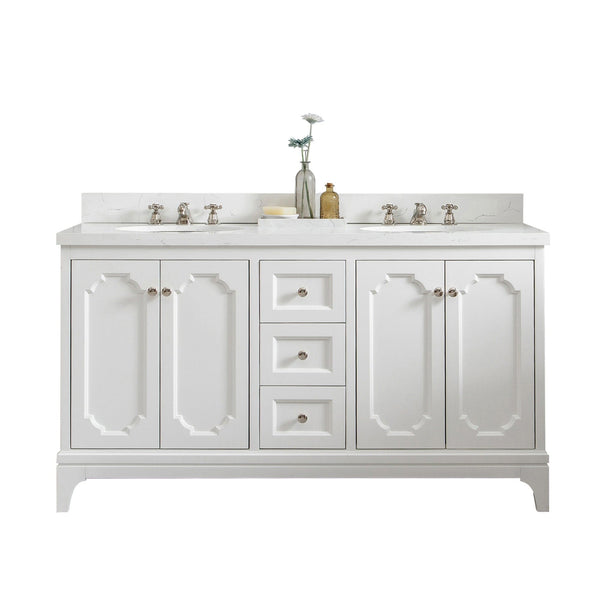 Water Creation QU60QZ05PW-000BX0905 QUEEN 60W x 34H Pure White Double-Sink Vanity with Carrara Quartz Countertop + Faucets (F2-0009)