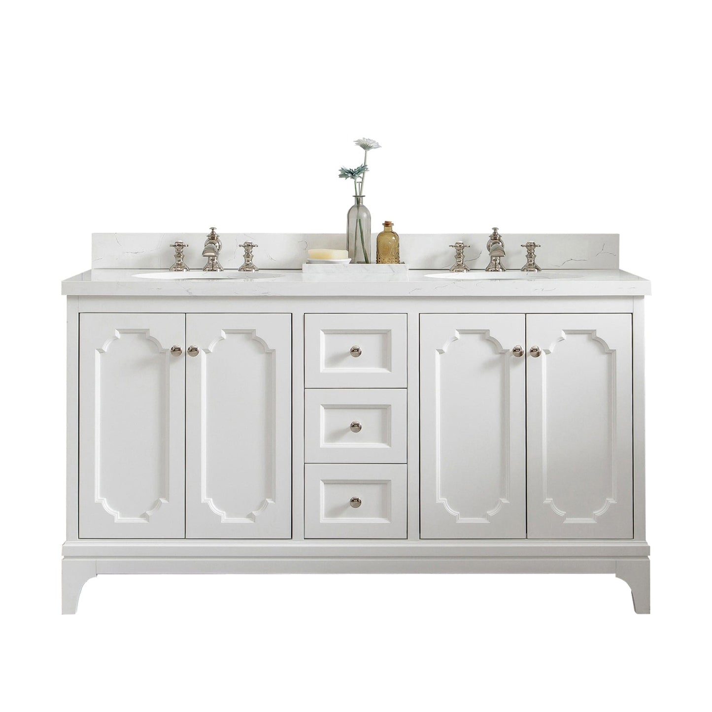 Water Creation QU60QZ05PW-000FX1305 QUEEN 60"W x 34"H Pure White Double-Sink Vanity with Carrara Quartz Countertop + Faucets (F2-0013)