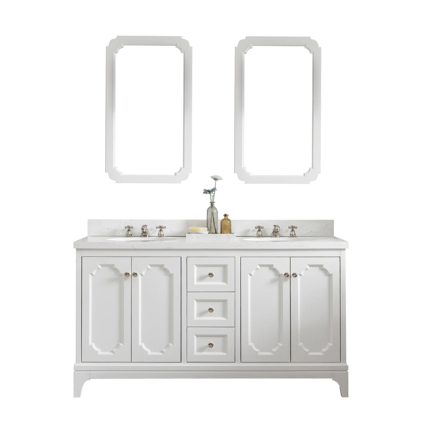 Water Creation QU60QZ05PW-Q21000000 QUEEN 60"W x 34"H Pure White Double-Sink Vanity with Carrara Quartz Countertop + Mirror