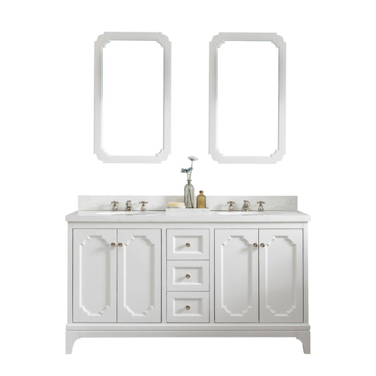 Water Creation QU60QZ05PW-Q21BX0905 QUEEN 60"W x 34"H Pure White Double-Sink Vanity with Carrara Quartz Countertop + Faucets & Mirror (F2-0009)