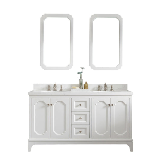 Water Creation QU60QZ05PW-Q21FX1305 QUEEN 60"W x 34"H Pure White Double-Sink Vanity with Carrara Quartz Countertop + Faucets & Mirror (F2-0013)