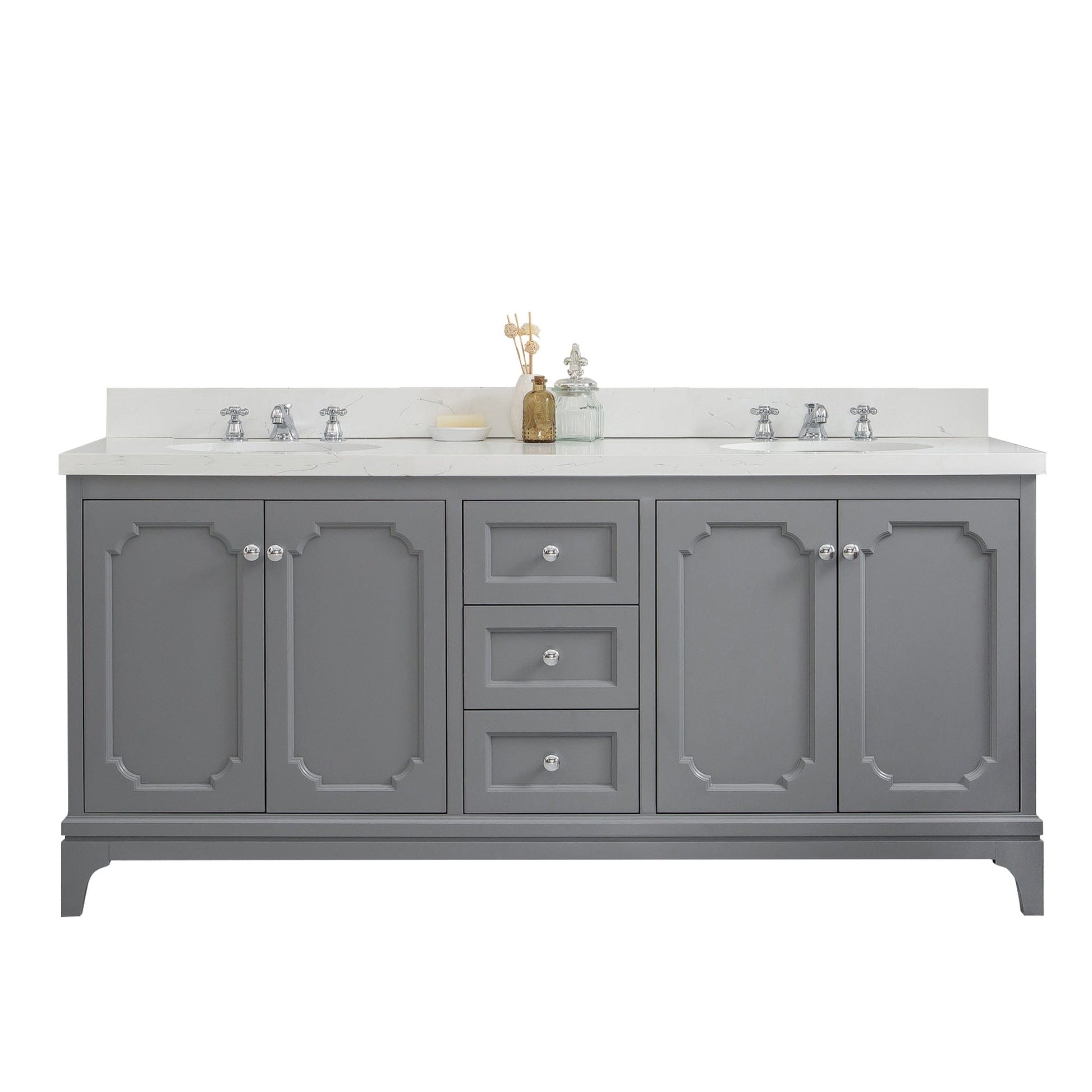 Water Creation QU72QZ01CG-000BX0901 QUEEN 72"W x 34"H Cashmere Gray Double-Sink Vanity with Carrara Quartz Countertop + Faucets (F2-0009-01-BX)