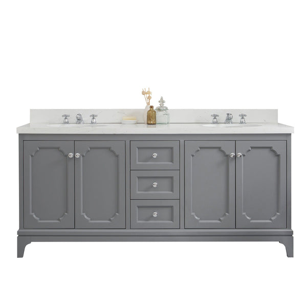 Water Creation QU72QZ01CG-000BX0901 QUEEN 72W x 34H Cashmere Gray Double-Sink Vanity with Carrara Quartz Countertop + Faucets (F2-0009-01-BX)