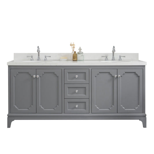 Water Creation QU72QZ01CG-000TL1201 QUEEN 72"W x 34"H Cashmere Gray Double-Sink Vanity with Carrara Quartz Countertop + Faucets (F2-0012-01-TL)