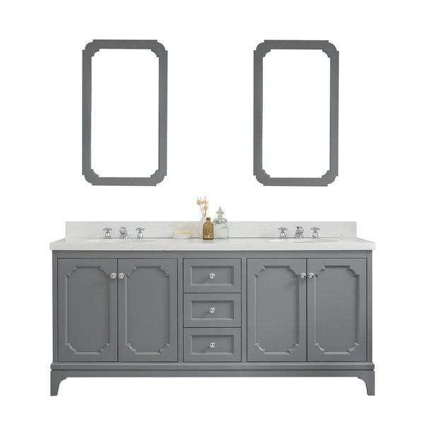 Water Creation QU72QZ01CG-Q21BX0901 QUEEN 72W x 34H Cashmere Gray Double-Sink Vanity with Carrara Quartz Countertop + Faucets & Mirror (F2-0009-01-BX)