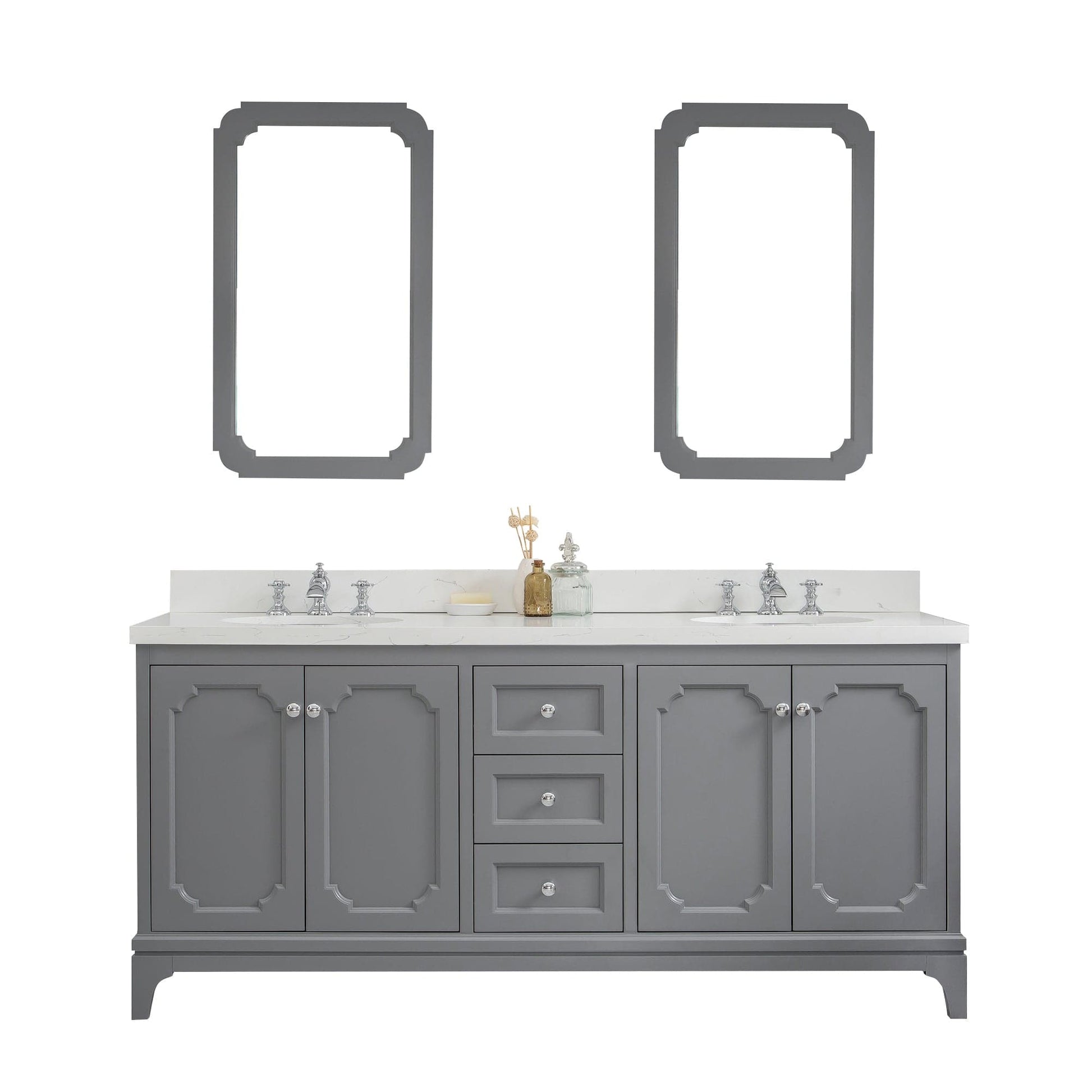 Water Creation QU72QZ01CG-Q21FX1301 QUEEN 72"W x 34"H Cashmere Gray Double-Sink Vanity with Carrara Quartz Countertop + Faucets & Mirror (F2-0013)