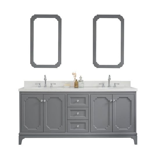 Water Creation QU72QZ01CG-Q21TL1201 QUEEN 72"W x 34"H Cashmere Gray Double-Sink Vanity with Carrara Quartz Countertop + Faucets & Mirror (F2-0012-01-TL)