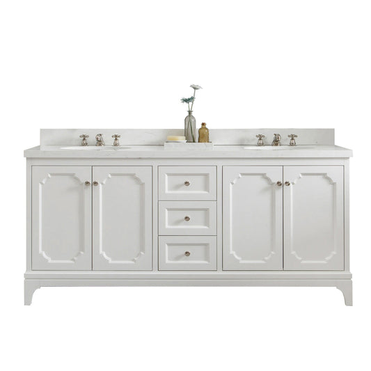 Water Creation QU72QZ05PW-000000000 QUEEN 72"W x 34"H Pure White Double-Sink Vanity with Carrara Quartz Countertop (Vanity Only)