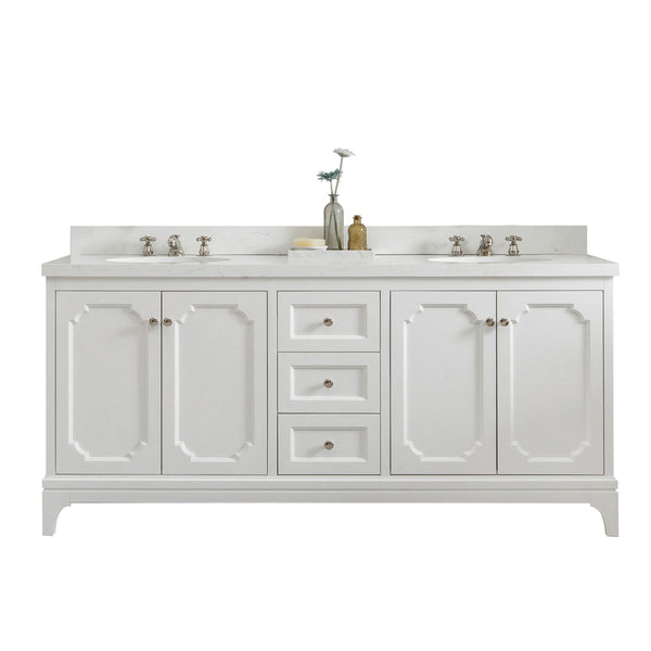 Water Creation QU72QZ05PW-000000000 QUEEN 72W x 34H Pure White Double-Sink Vanity with Carrara Quartz Countertop (Vanity Only)