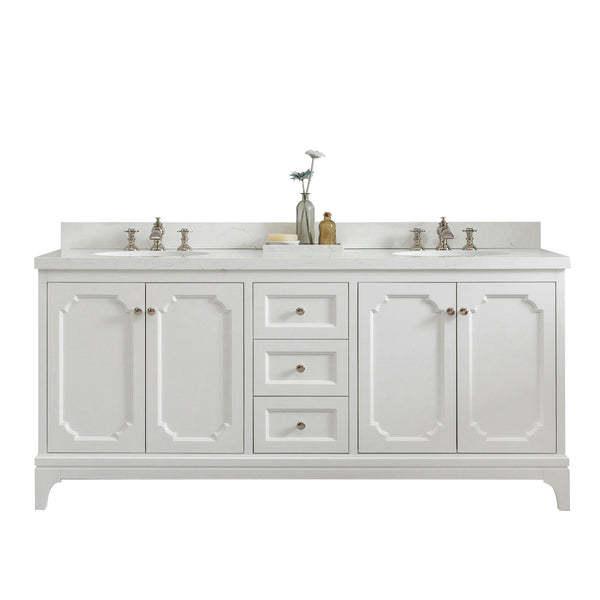 Water Creation QU72QZ05PW-000FX1305 QUEEN 72W x 34H Pure White Double-Sink Vanity with Carrara Quartz Countertop + Faucets (F2-0013)