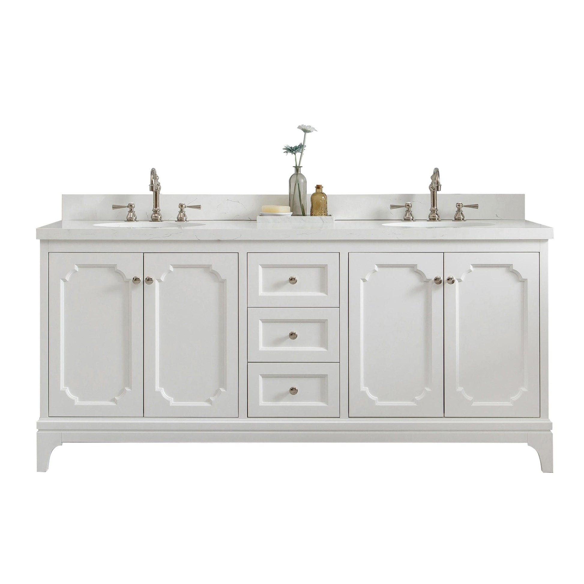 Water Creation QU72QZ05PW-000TL1205 QUEEN 72"W x 34"H Pure White Double-Sink Vanity with Carrara Quartz Countertop + Faucets (F2-0012)