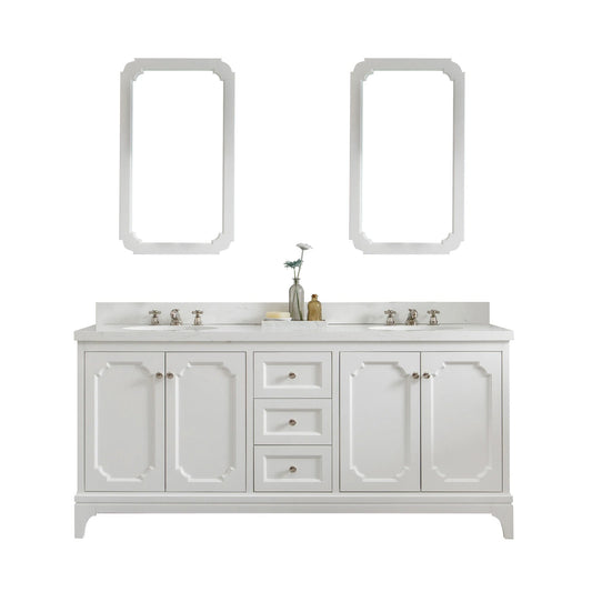 Water Creation QU72QZ05PW-Q21BX0905 QUEEN 72"W x 34"H Pure White Double-Sink Vanity with Carrara Quartz Countertop + Faucets & Mirror (F2-0009)