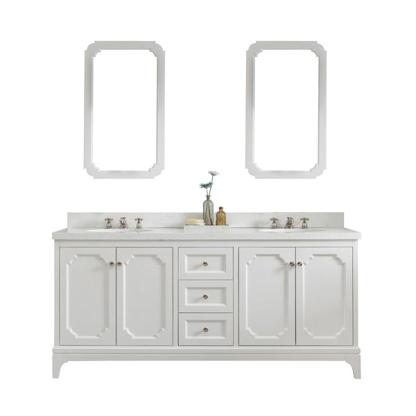 Water Creation QU72QZ05PW-Q21BX0905 QUEEN 72W x 34H Pure White Double-Sink Vanity with Carrara Quartz Countertop + Faucets & Mirror (F2-0009)