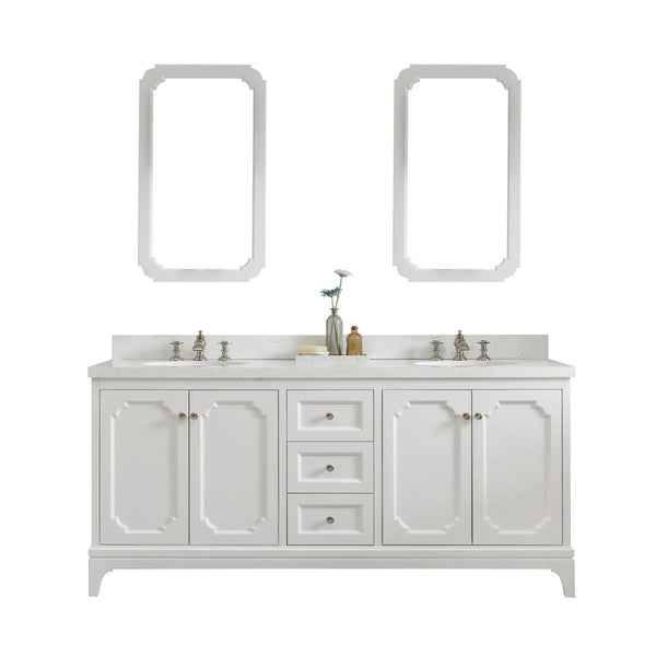 Water Creation QU72QZ05PW-Q21FX1305 QUEEN 72W x 34H Pure White Double-Sink Vanity with Carrara Quartz Countertop + Faucets & Mirror (F2-0013)