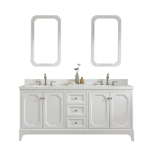 Water Creation QU72QZ05PW-Q21TL1205 QUEEN 72"W x 34"H Pure White Double-Sink Vanity with Carrara Quartz Countertop + Faucets & Mirror (F2-0012)