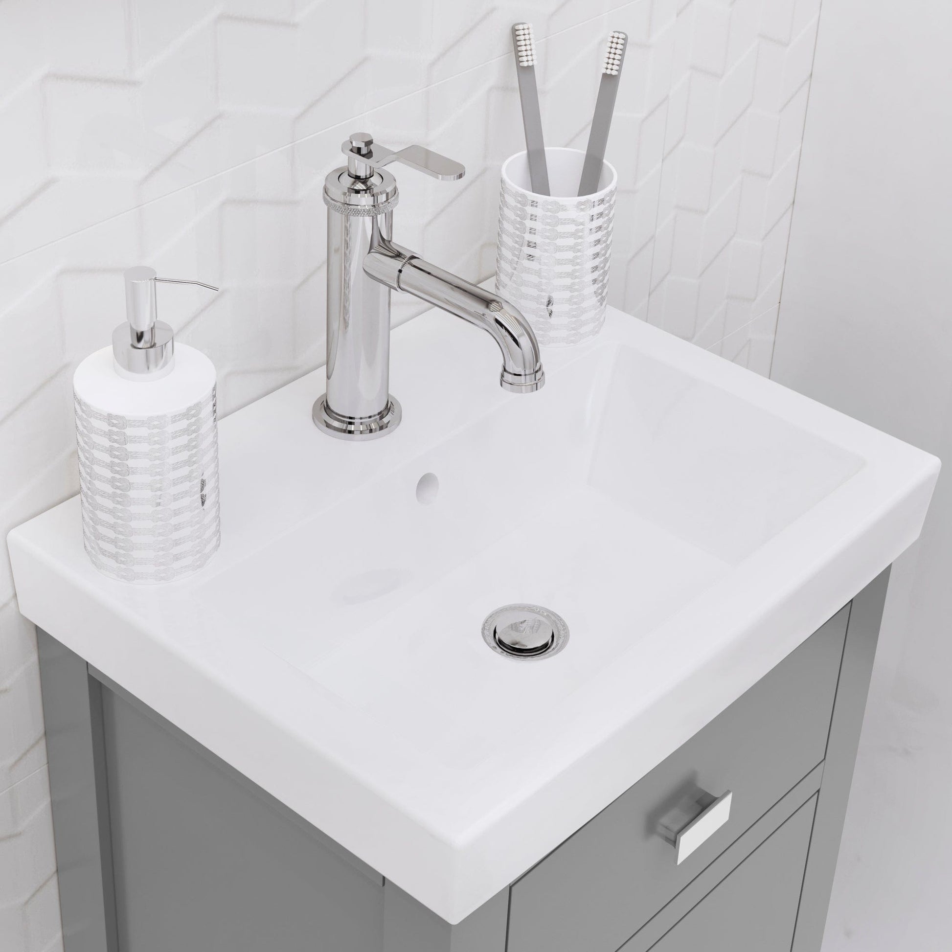 Water Creation VE18CR01CG-000NH0101 VERA 17.3"W x 34.4"H Cashmere Gray Integrated Ceramic Sink Vanity + Modern Single Faucet