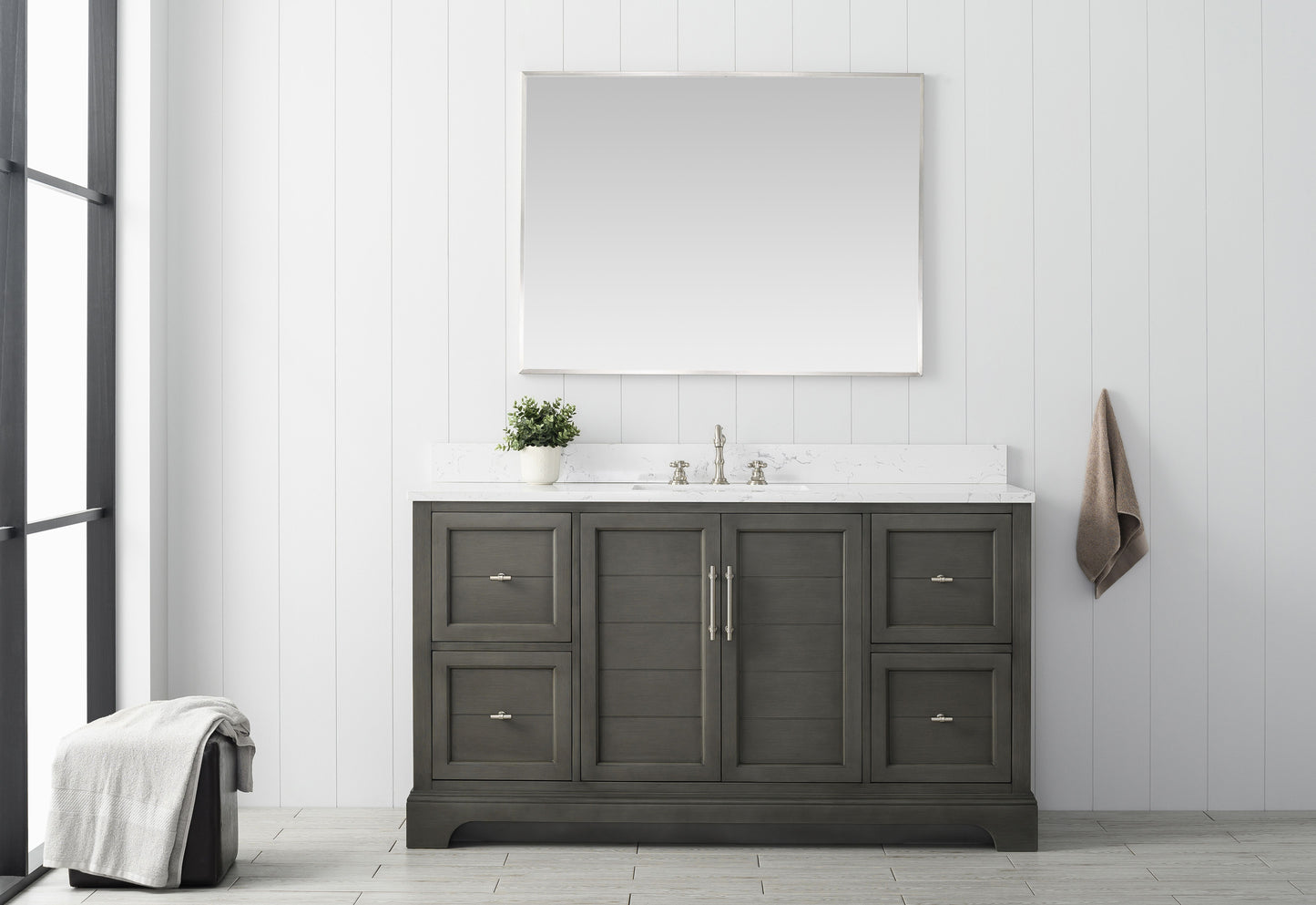 60 Inch Single Sink Bathroom Vanity in Gray with Marble Countertop & Backsplash - Vanity Art VA5060-SSG