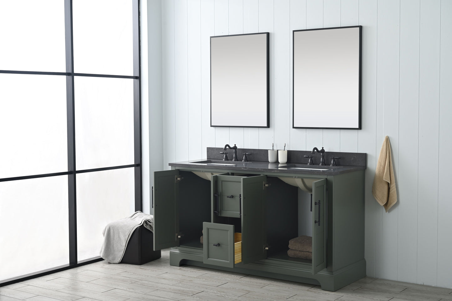 60 Inch Double Sink Bathroom Vanity in Vintage Green with Marble Countertop & Backsplash - Vanity Art VA5060-DVG