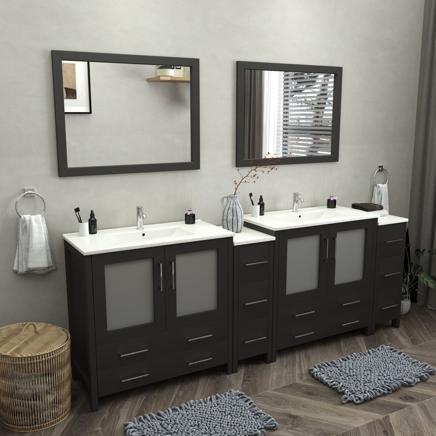 96 Inch Double Sink Bathroom Vanity in Espresso with Ceramic Countertop - Vanity Art VA3036-96E