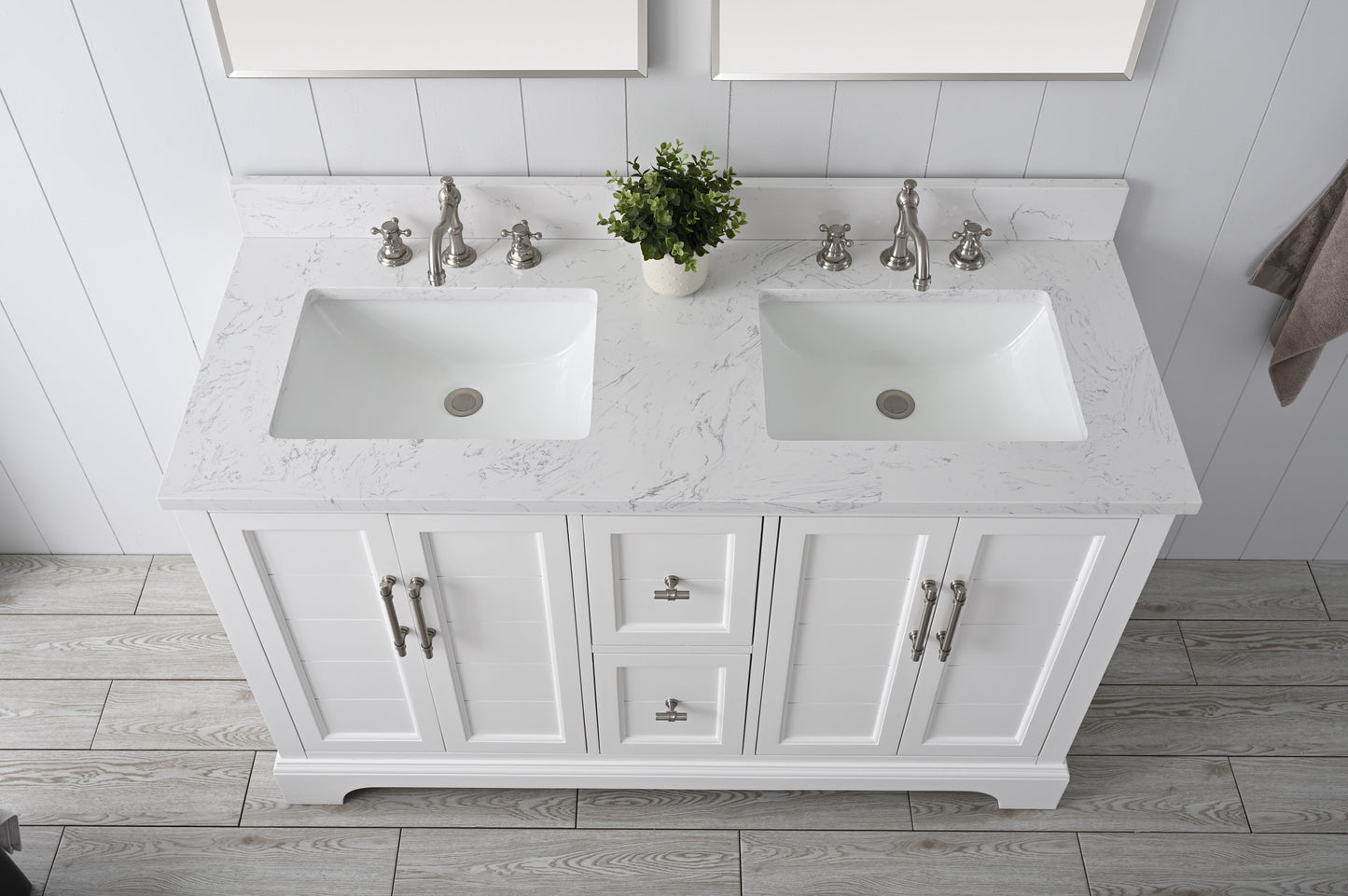 54 Inch Double Sink Bathroom Vanity in White with Marble Countertop & Backsplash - Vanity Art VA5054-W