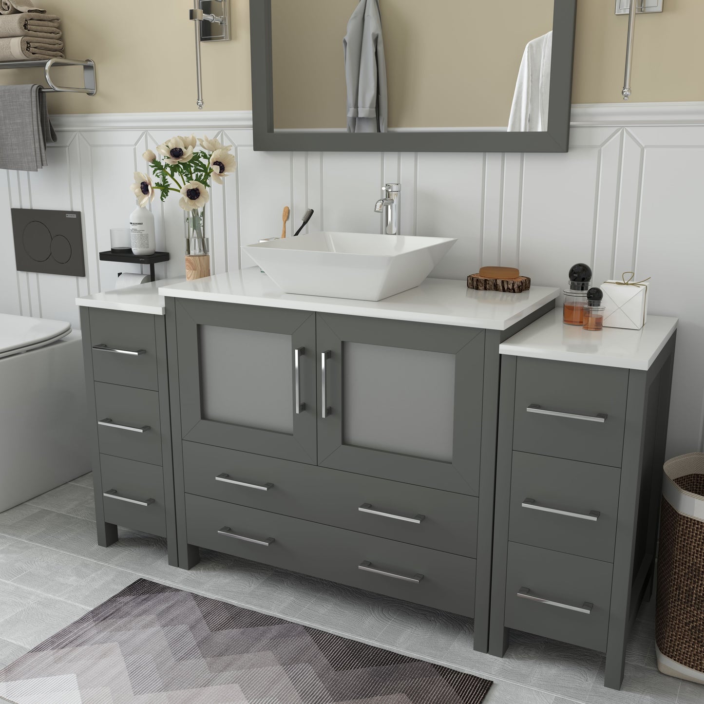 60 Inch Single Sink Bathroom Vanity in Gray with Marble Countertop - Vanity Art VA3136-60G