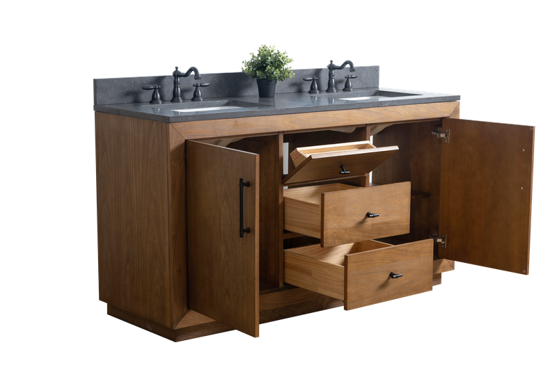 60 Inch Double Sink Bathroom Vanity in Tan with Limestone Top - Vanity Art VA7060-DT-BT