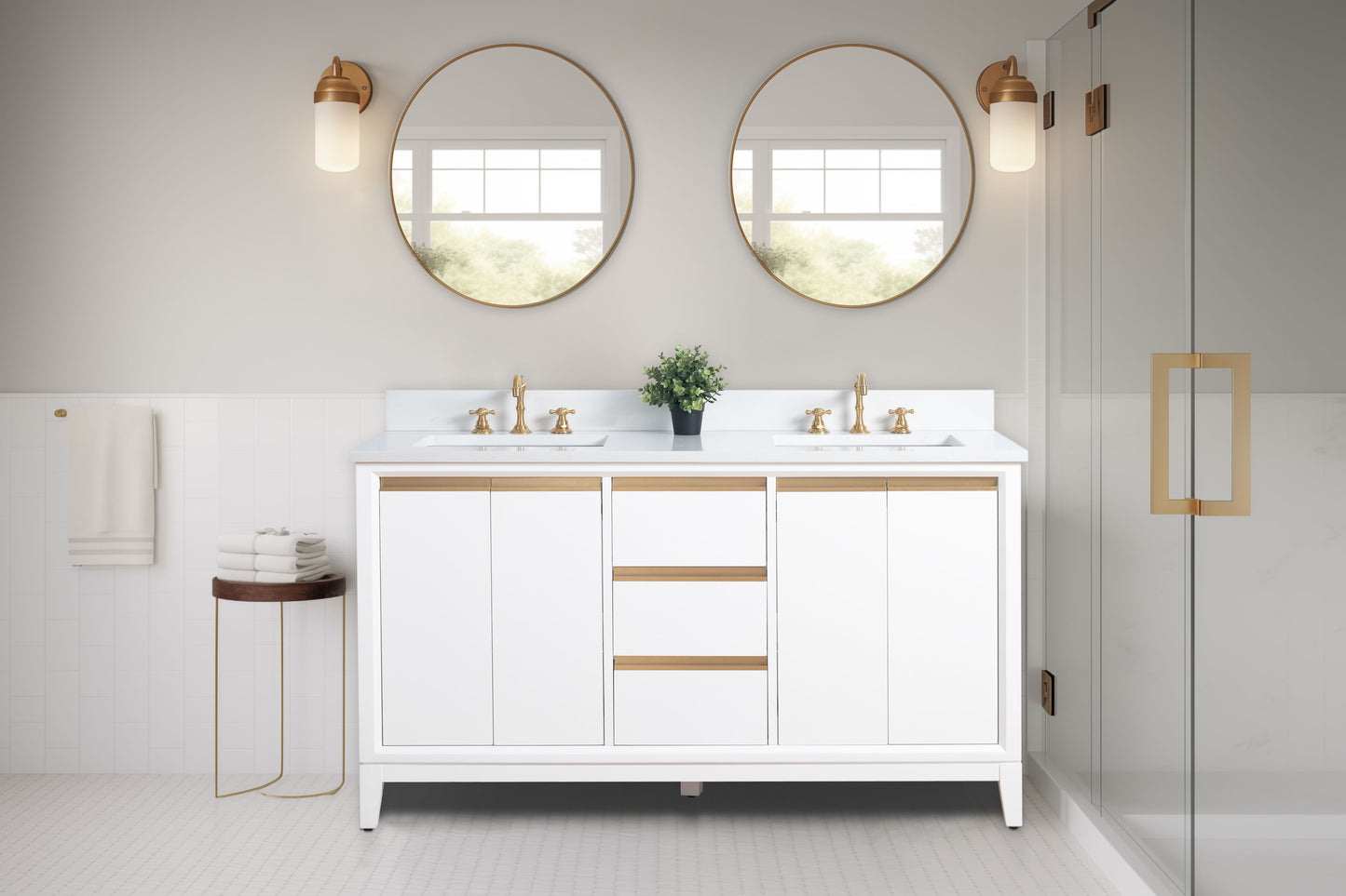 60 Inch Double Sink Bathroom Vanity in White with Marble Countertop - Vanity Art VA8060-DW