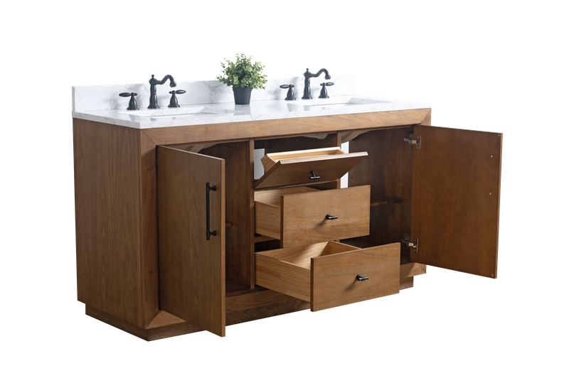 60 Inch Double Sink Bathroom Vanity in Tan with Marble Countertop - Vanity Art VA7060-DT-ET