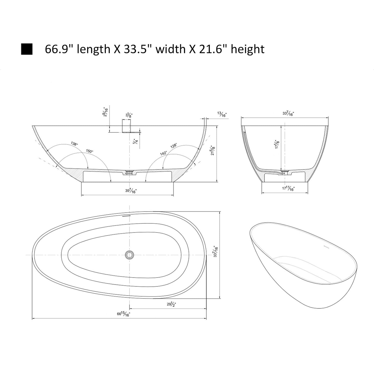 Freestanding Solid Surface Resin Matte Bathtub 67 Inch x 33.5 Inch - Vanity Art VA6913-ML